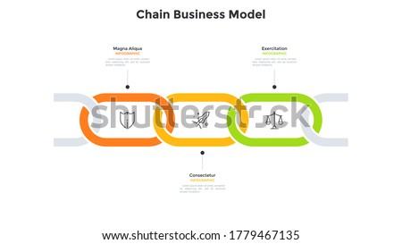 Business model with 3 connected chain links. Concept of three successive stages of startup project development process. Simple infographic design template. Modern vector illustration for presentation.