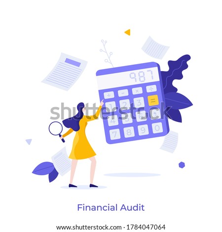Woman holding magnifying glass and using calculator. Concept of financial audit or professional accounting service, calculation of expenses. Modern colorful flat vector illustration for banner. Photo stock © 