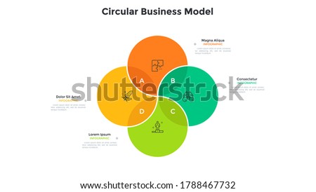 Venn chart with four intersected colorful translucent circular elements. Concept of 4 options of startup project. Modern infographic design template. Minimal flat vector illustration for report. ストックフォト © 