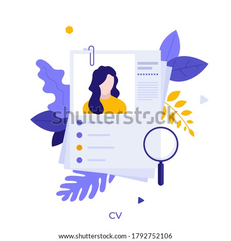 Curriculum vitae or CV and magnifying glass. Concept of professional staff recruitment, job application, hiring personnel, selection of candidates, employment. Modern flat vector illustration. Foto stock © 