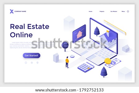 Landing page template with man standing in front of laptop computer with house on screen. Concept of buying home online, internet aggregator for real estate search. Isometric vector illustration.