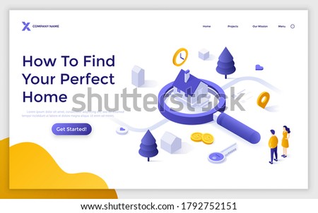 Landing page template with couple standing at house on giant magnifier. Concept of search for real estate, home to buy, property for sale. Modern isometric vector illustration for online service.
