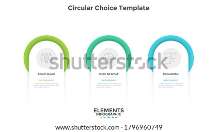 Three circular elements placed in horizontal row. Concept of 3 steps of startup project development. Flat infographic design template. Simple vector illustration for business data visualization.