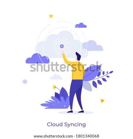 Person pointing at signal source. Concept of cloud syncing, online data synchronization, internet service for digital information storage. Modern flat colorful vector illustration for banner, poster.