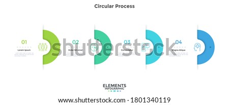 Four semi-circular elements placed in horizontal row. Concept of 4 successive stages of project development process. Modern infographic design template. Simple vector illustration for progress bar.