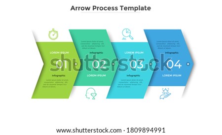 Horizontal progress bar with 4 overlapped arrow-like elements. Concept of four steps of business strategy and development. Clean infographic design template.Modern vector illustration for presentation