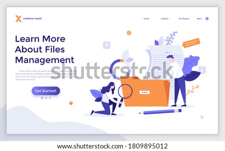Landing page template with man and woman holding folder and magnifying glass. Concept of file management system, online service for documents storage and organization. Modern flat vector illustration.