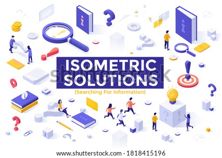 Search for information set - question marks, user manuals, instructions, guides, people looking for answers. Bundle of isometric design elements isolated on white background. Vector illustration.