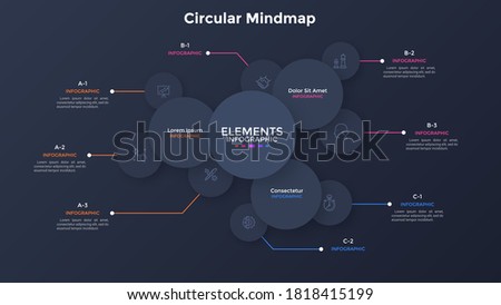 Mind map diagram with overlaying paper black round bubbles. Concept of visualization of startup company features. Modern infographic design template. Simple vector illustration for business analysis.