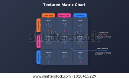Matrix diagram with 9 paper black square cells with letters arranged in rows and columns. Table or grid with nine business options. Minimal infographic design template. Modern vector illustration.