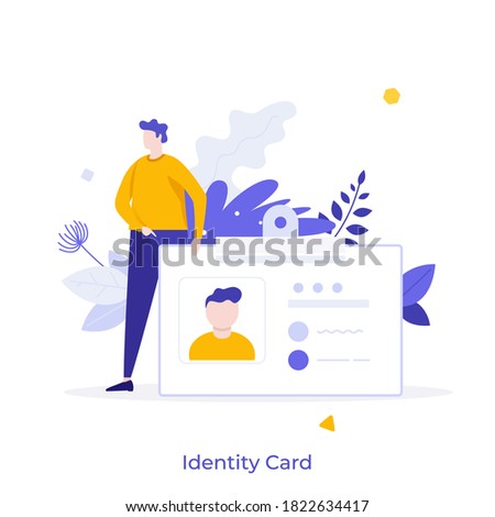 Man holding ID, name tag, badge. Concept of identity card with personal information, national identification document, passport, driver's license. Modern flat colorful vector illustration for banner.