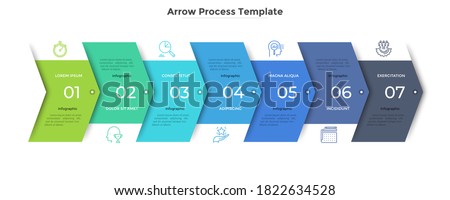 Horizontal progress bar with 7 overlapped arrow-like elements. Concept of seven steps of business strategy and development.Clean infographic design template.Modern vector illustration for presentation