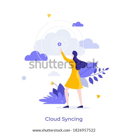 Woman pointing at signal source. Concept of cloud syncing, online data synchronization, internet service for digital information storage. Modern flat colorful vector illustration for banner, poster.