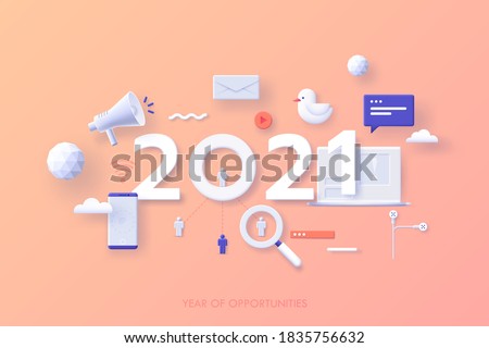 Infographic banner template with 2021 date, megaphone, laptop, smartphone. Concept of year of opportunities in SMM, digital marketing, internet advertising, social media. Modern vector illustration.