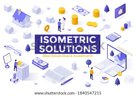 Real Estate Deal and Investment set - property buyers and sellers, houses, service for search for real estate. Bundle of isometric design elements isolated on white background. Vector illustration.