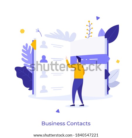 Man reading phone book or notebook. Concept of contact information of business partners, digital communication with company or community. Modern flat colorful vector illustration for poster, banner.