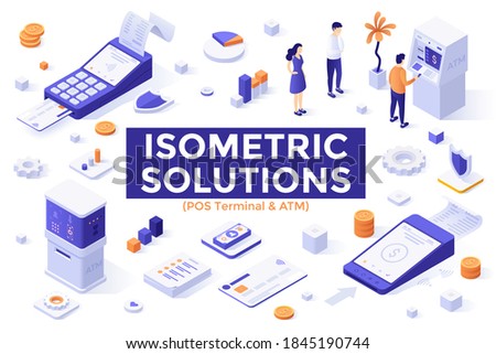 POS Terminal and ATM set - automated teller machine, people performing financial transactions, electronic point of sale. Collection of isometric design elements. Modern colorful vector illustration.