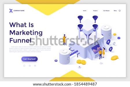 Landing page template with people standing at control panel of industrial machine and monitoring sales indicators. Concept of marketing funnel. Modern isometric vector illustration for website.