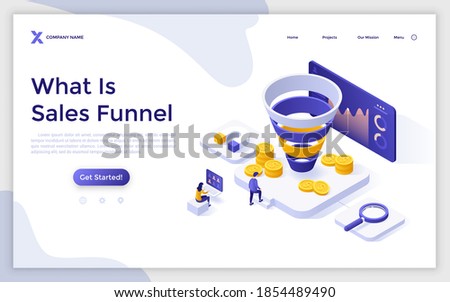 Landing page template with people in front of screen with indicators, coins, magnet, magnifier. Concept of sales or purchase funnel, marketing model. Modern isometric vector illustration for webpage.