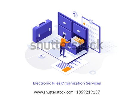 Conceptual template with man standing on laptop computer and opening drawer of storage cabinet full of documents. Scene for electronic file organization service. Isometric vector illustration.