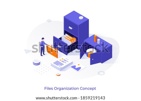 Conceptual template with office worker and storage cabinet full of documents in folders. Scene for file organization, archive of business data or information. Modern isometric vector illustration.