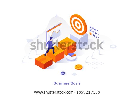 Conceptual template with businessman walking towards target or man ascending career ladder. Scene for business goal achieving, development, progress or growth. Modern isometric vector illustration.