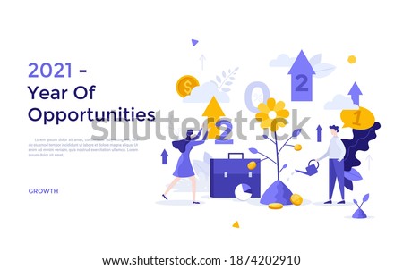 People watering plants, money and upward pointing arrows. Concept of 2021 as year of opportunities for profit growth, financial development, increase in income. Flat vector illustration for website.