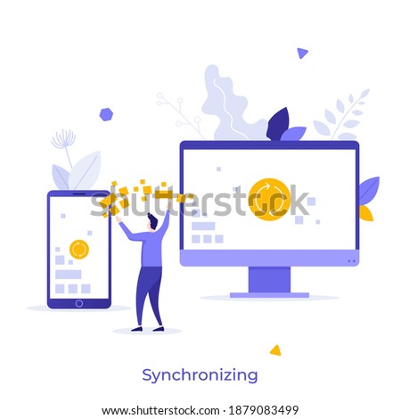 Person standing between smartphone and computer exchanging data. Concept of digital files synchronization, wireless technology for device syncing and information transfer. Flat vector illustration.