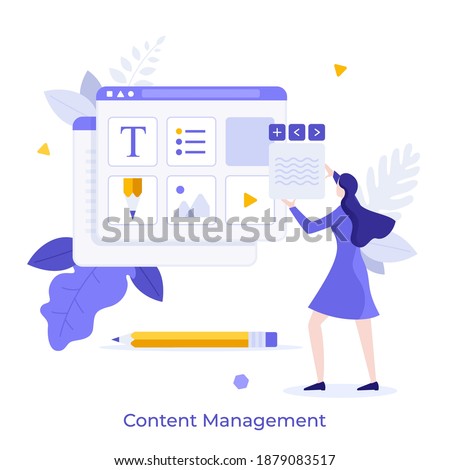 Woman organizing digital elements of website in browser window. Concept of web content management, webpage administration tool, organization of online information. Flat vector illustration for banner.