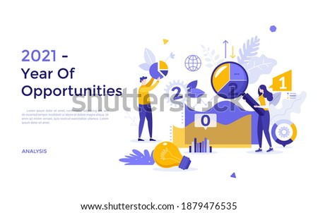 Landing page template with people analyzing charts, diagrams, graphs. Concept of 2021 as year of opportunities for data analysis, statistical research. Modern flat vector illustration for banner.