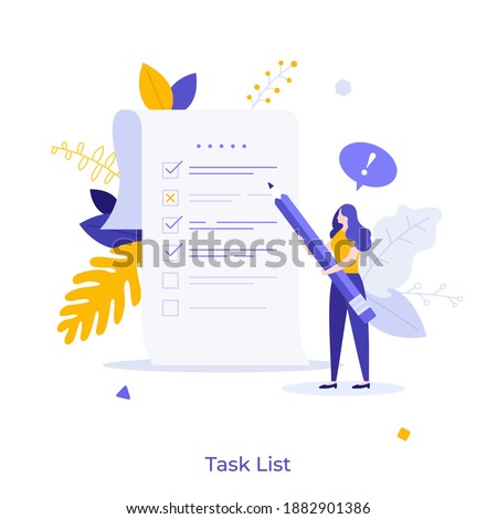 Woman with pencil marking completed tasks on to-do list. Concept of time management, work planning method, organization of daily goals and accomplishments. Flat vector illustration for banner, poster.