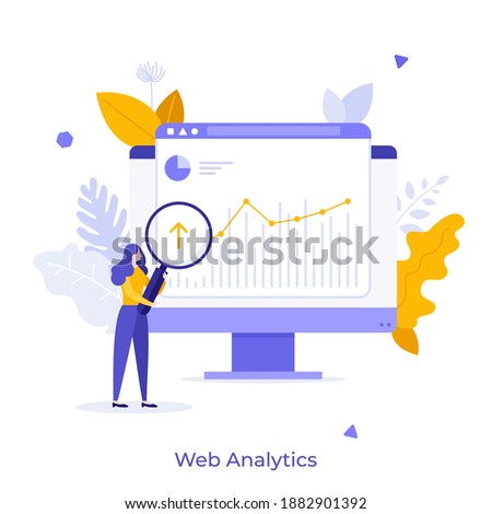 Analyst with loupe looking at diagram or trend on computer screen. Concept of web analytics, statistical analysis of internet data, online statistics. Modern flat vector illustration for poster.