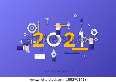 Infographic concept, 2021 - year of opportunities. Plans, trends and prospects in repairs, home remodeling, renovation and improvement, manual work tools. Vector illustration in thin line style.