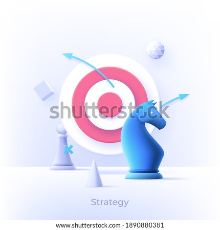 Strategy 3d design clay banner with chess figures and target, can be used for e-mail newsletter, web banners, headers, blog posts, print and more. Modern style logo vector illustration concept