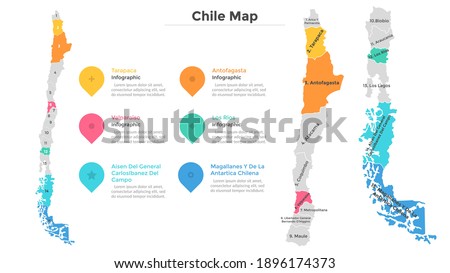 Chile map divided into federal states. Territory of country with regional borders. Chilean administrative division. Infographic design template. Vector illustration for touristic guide, banner.