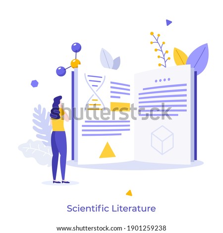 Student, scientist or researcher reading book or publication. Concept of scientific literature, article in academic or scholarly journal or magazine. Flat vector illustration for poster, banner.