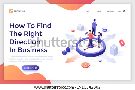 Landing page template with people standing on compass and looking through spotting scope. Concept of search for right direction of business development. Isometric vector illustration for website.