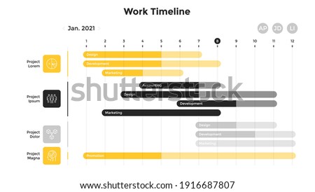 Timeline chart with 5 horizontal bars and activity duration indication. Concept of plan of startup project development. Simple infographic design template. Modern flat vector illustration for banner.
