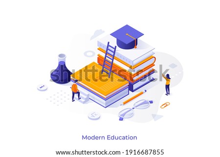 Conceptual template with student ascending pile of books with graduation cap on top. Scene for modern education, studying at university, obtaining knowledge. Isometric vector illustration.