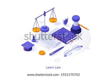 Conceptual template with book, scale, document, gavel, graduation cap. Scene for learning law, studying jurisprudence, legal protection course. Modern isometric vector illustration for website.