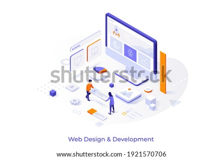 Conceptual template with computer and people building website interface. Scene for web design and development, site builder online tool or service. Modern isometric vector illustration for webpage.