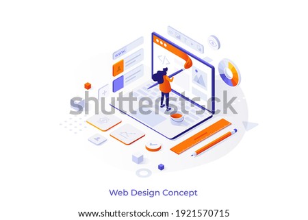 Conceptual template with person painting with brush on laptop computer screen. Scene for professional web design, website building. Modern isometric vector illustration for advertisement, webpage.