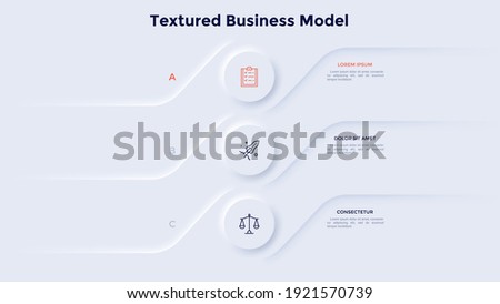 Three round elements placed in vertical row. Concept of list of 3 features or options of business project. Neumorphic infographic design template. Modern vector illustration for presentation.