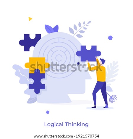 Man assembling jigsaw puzzle and head with maze inside. Concept of logical thinking, analytical mind, human intelligence, problem solving, brainstorming. Modern flat colorful vector illustration.