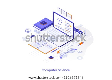 Conceptual template with laptop, microchips, notebook on desk. Scene for learning computer science, programming, software development. Isometric vector illustration for online course advertisement.