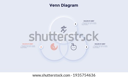 Venn or Euler diagram with three intersected round elements. Concept of 3 features of business srategy. Neumorphic infographic design template. Modern clean vector illustration for logic analysis.