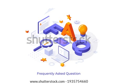 Conceptual template with letters FAQ, laptop computer, magnifying glass, lightbulb. Scene for frequently asked questions, search for answers. Modern isometric vector illustration for webpage.