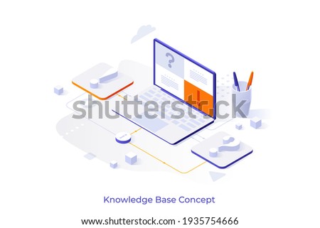 Conceptual template with exclamation mark and interrogation point connected to laptop computer. Scene for knowledge database, internet search or browsing data online. Isometric vector illustration.