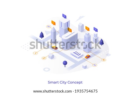 Conceptual template with downtown area or district with office buildings. Scene for finding place for business, commercial property rental service. Modern isometric vector illustration for website.