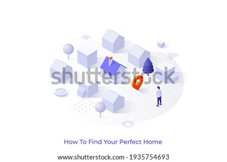 Conceptual template with man standing at city district with houses. Scene for finding perfect home, search for real estate, property for sale. Isometric vector illustration for internet service.